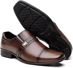 Sapato Social Masculino Em Couro Sintético Envernizado Design Elegante com Detalhe em Metal Bico Quadrado Sofisticado Sola Emborrachada Antiderrapante Ideal Para Casamentos Festas Trabalho e Uso Diário.