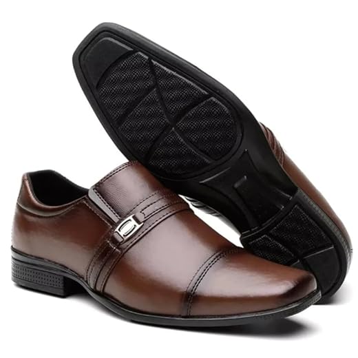Sapato Social Masculino Em Couro Sintético Envernizado Design Elegante com Detalhe em Metal Bico Quadrado Sofisticado Sola Emborrachada Antiderrapante Ideal Para Casamentos Festas Trabalho e Uso Diário. (Café, BR, Adulto, Numérico, 43)