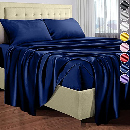 Satin Sheets Queen Size (4 Pieces, 8 Colors), Silky Satin Sheet Set -Satin Bed Set with 2 Pillowcase, Satin Fitted Sheet - Blue Satin Sheets, Satin Bed Sheets Queen Set, Satin Bedding Set