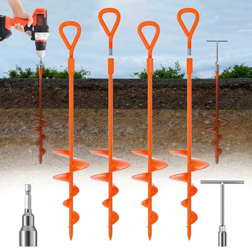 Phopich 18 Long Ground Anchor Heavy Duty Earth Anchors 18 inch Ground Anchors Screw in Kit with T-Handle Hex Wrench for Camping Tent Swing Sets Securing Animals Sheds Trampoline(4 Pcs) (Orange)