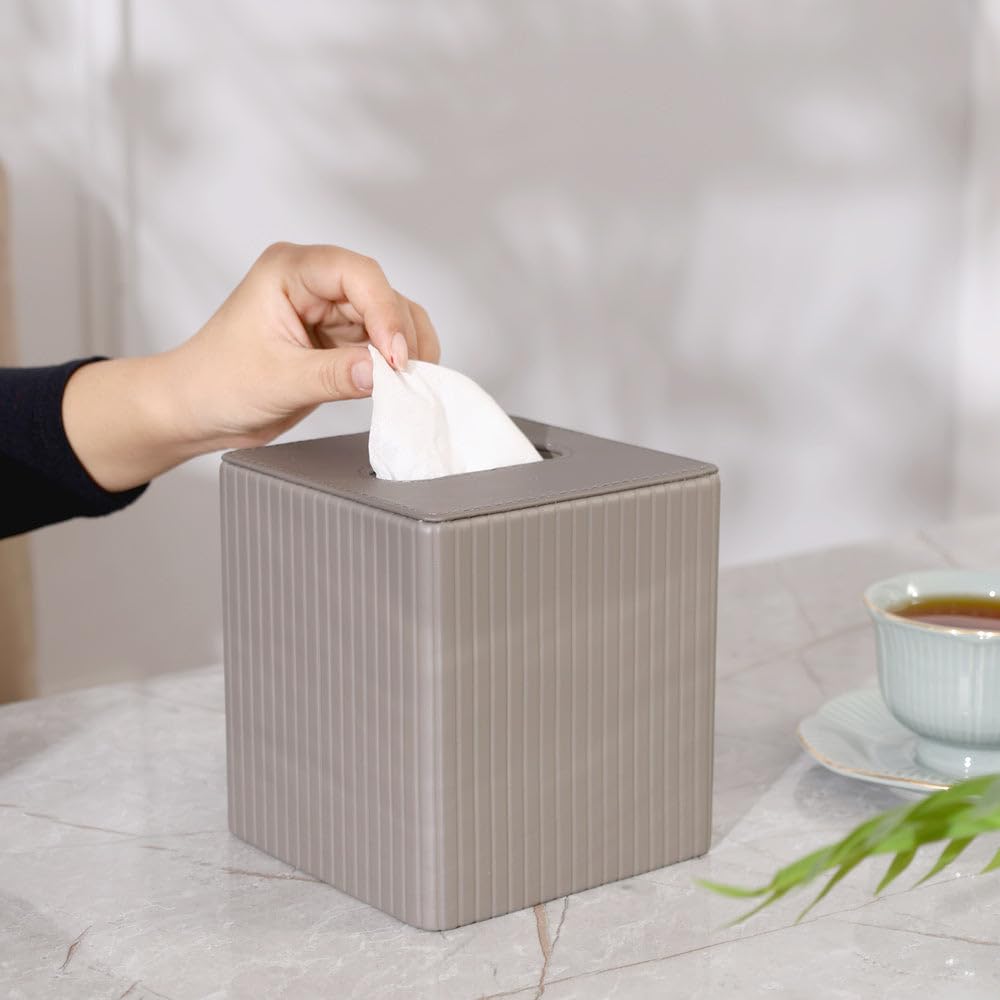 Columns Square Tissue Box Holder | PU Leather Material | Facial Tissue Holder for Bathroom Home Office Car| Textured Finish Paper Tissue Holder | Easy to Refill with Bottom Opening - Taupe — Amazon image 6