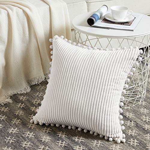 Fancy Homi 2 Packs Cream White Boho Decorative Throw Pillow Covers With Pom-Poms, Soft Corduroy Solid Square Cushion Cases Set For Living Room Couch Sofa Bedroom Car (18X18 Inch/45X45 Cm, Cream White) #TOP1