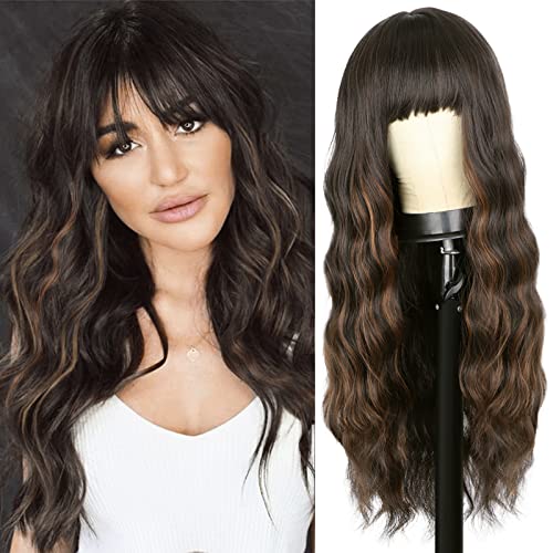 Stamped Glorious Highlights Wig With Bangs Long Wavy Middle Part Wigs for Women Dark Brown Wig Natural Looking Synthetic Wigs For Daily Use