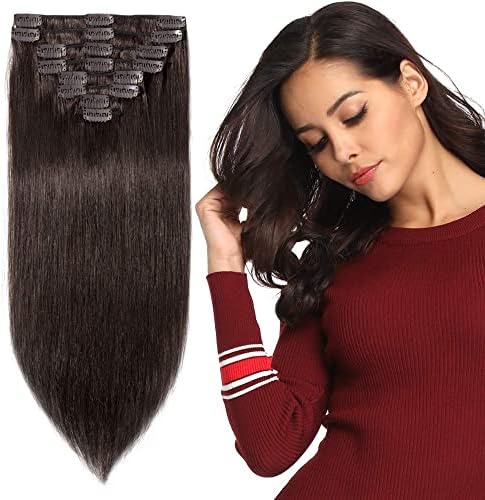 Clip in Hair Extension Human Hair 8 Pcs Full Head - 100% Real Remy Hair Straight Standard Weft (13"-80g, #2 Dark Brown)