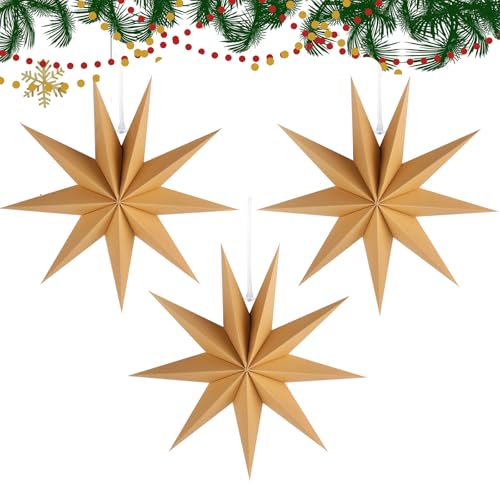 3 Stück Papiersterne Weihnachten Faltsterne 30cm, 9 Zacken Papiersterne zum Aufhängen, Weihnachtsstern Deko für Fenster Weihnachtsbaum Hochzeit Party Geburtstag (Braun)