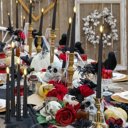 Image of Rossesay 64 Pcs Wedding Flameless LED Taper Candles Battery Operated Candles 4 Sizes of 8.5'', 9.65'', 10.83'', 12.8'' Candlesticks Flickering for Halloween Christmas Church Wedding(Black)