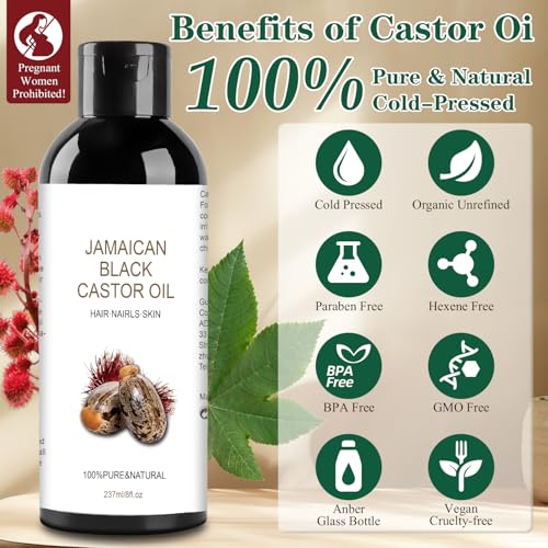 Image of Organic Castor Oil, 8 fl oz Glass Bottle, Pure Cold-Pressed Hair Oil