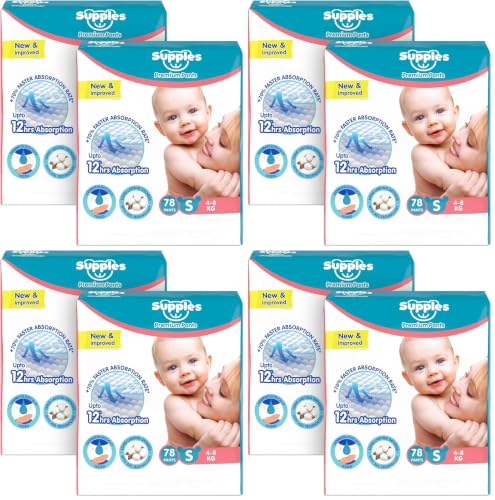 Image of Amazon Brand - Supples Premium Baby Diaper Pants | 156 Baby Diapers | Small | 4-8 Kg | 78 x 8 Packs | 12 Hrs Absorption | Cushiony Cotton Soft Fabric | Phthalates-Free | Triple Leak Guard