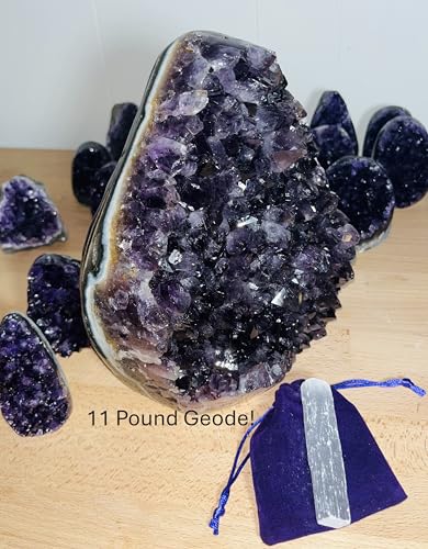 Image of Premium Amethyst Geode Stone Cluster [7 to 8 lb.] - Each Piece is Unique & Natural - Real Raw Healing Crystal Rock from Uruguay - Deep Purple Decoration - FREE Selenite Wand