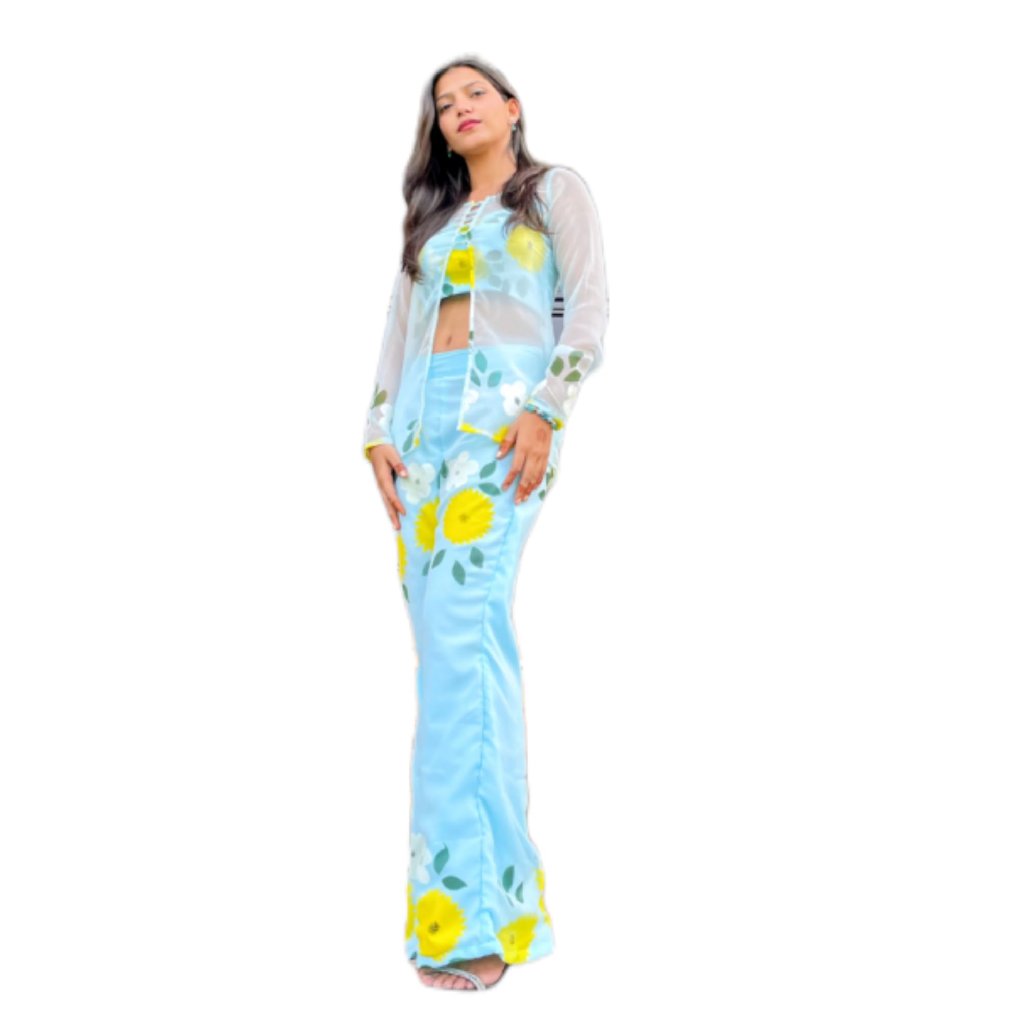 Women's Indo Western Co-ord Set, Light Blue Floral Print, Crop Top with Sheer Jacket and Flared Pants, 90s Bollywood Style-image-44