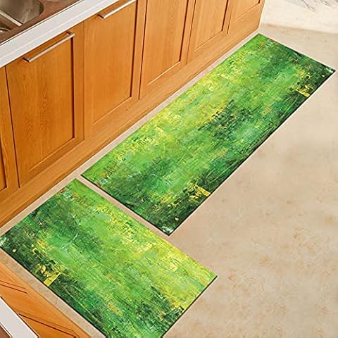 Kitchen Rugs Set - 2 Piece Non-Skid Washable Kitchen Area Rug - Abstract Watercolor Green Printed Runner Carpet Floor Mats For Home Office,40X60Cm+40 X120Cm Cover