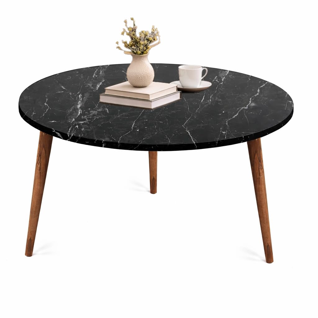Tavolino Tondo da Caffè in Legno Basso - Moderno, Adatto per Soggiorno, Hall Albergo, Ufficio, Arredamento Casa, Sala da Tè, con 3 Gambe, Elegante - D.75x43h cm (Effetto Marmo Nero)