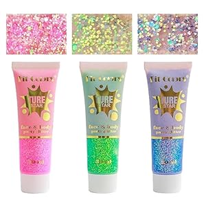 3 Colors Body Glitter Gel,Long-Lasting Body Glitter, Cosmetic Grade Holographic Face Glitter Makeup, Face Glitter and Hair Glitter for Women and Girls, Vegan & Cruelty Free (Pink+Green+Purple)