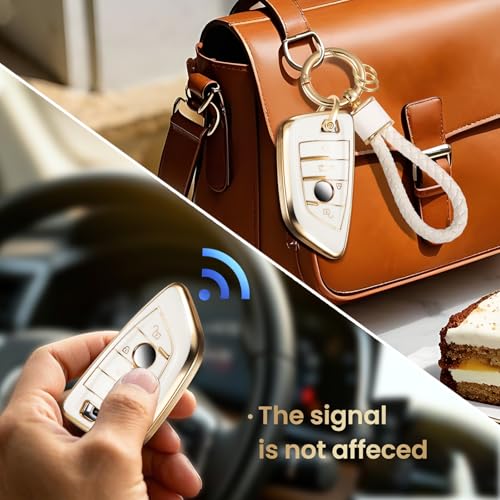 Image of Car Key Fob Cover, White Braided Loop Keychain Case, Gold Edge