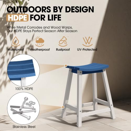 Image of Ciokea 2 Set 24 inch Outdoor Bar Stools Heavy Duty HDPE Counter Height Bar Stools Weatherproof Patio Seats Modern Waterproof BarStools for Bar Deck Balcony Counter Yard, White and Navy Blue