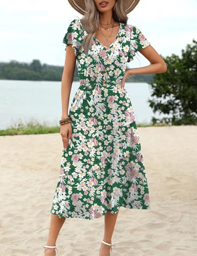 Image of Zeagoo Women's Summer Casual Dress Flutter Short Sleeve V Neck Button Down Tiered Flowy Long Dress with Pockets