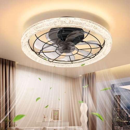 LED Deckenventilator mit Beleuchtung, 49CM Deckenlampe mit Ventilator, Rund Kristall Deckenventilator mit licht Fernbedi...