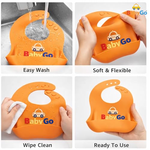 Image of BabyGo Silicone Baby Bib for Feeding & Weaning | Adjustable Neckline with Buttons | BPA Free | Waterproof | Washable & Reusable | 6-36 Months | Mess Proof Baby Feeding Bib | New Orange | Pack of 1