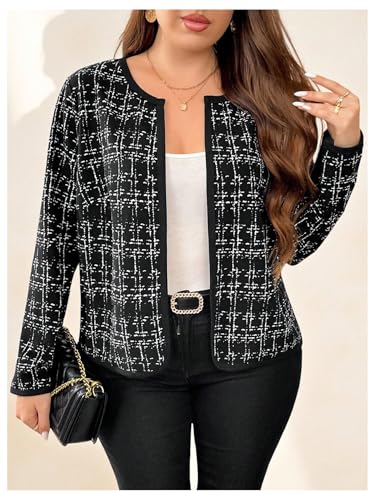 WDIRARA Women's Plus Size Houndstooth Open Front Long Sleeve Jacket Outerwear3