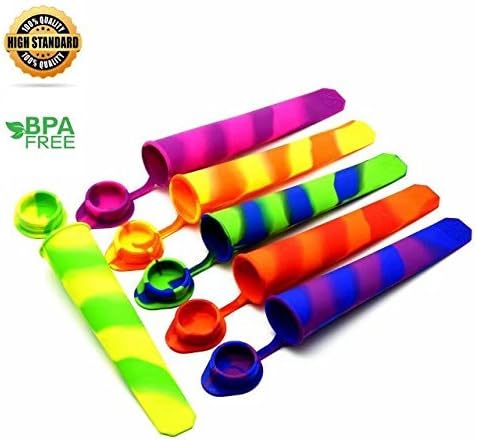 Manafun Silicone Ice Pop Molds - Set of 6, Colored Rainbow Swirl Food Grade Ice Popsicle Maker & Container with Attached Lid for Parties Ice Cream Jelly Candy Etc.