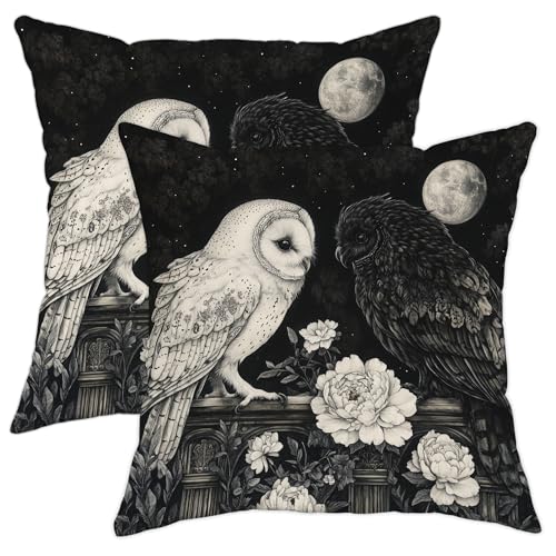 Owl Pillow Covers Set of 2, Black White Night Owl Throw Pillow Cases, Nature-Inspired Decorative Squ