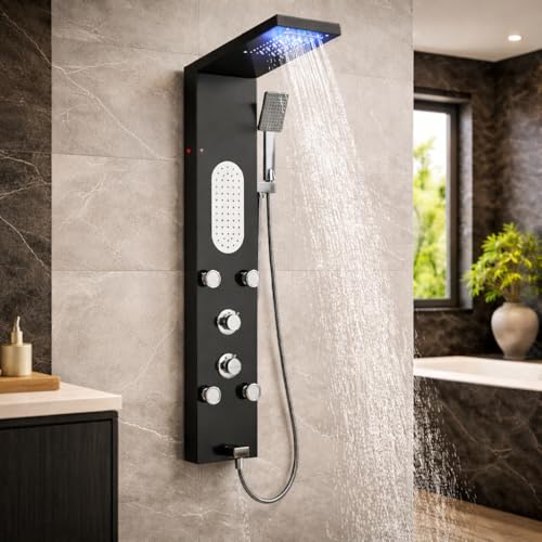 TVTIUO Duschsäule mit Hydromassage, Duschpaneel aus Edelstahlmultifunktionales Duschsystem mit LED, 4in 1 Duschsystem - Regendusche, Wasserfalldusche, Massagedusche, Handbrause Schwarz