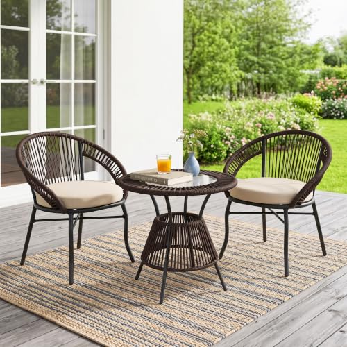 Image of DEVOKO Bliss 3 Piece Outdoor Patio Rope Conversation Set with Glass Top Table (Dark Brown /Cream), Powder-Coated Metal Frame & Water-Resistant Cushions for Balcony, Garden, Terrace