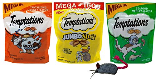 Temptations Mega Size Low Calorie Cat Treats 3 Flavor Variety with Toy Bundle, 1 Each: Tantalizing Turkey, Tasty Chicken Jumbo Stuff, Seafood Medley (5.3-6.3 Ounces)