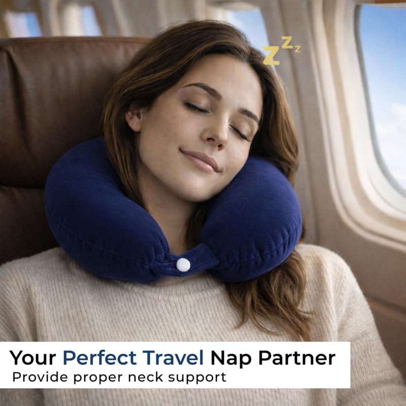 Image of DREAMZEE 100% Natural Latex Travel Pillow for Neck Support | Orthopedic Travel Neck Pillow Car & Flight Use | Breathable Cooling Neck Rest Travelling Pillow for Sleeping (Pack of 2 - Navy Blue)