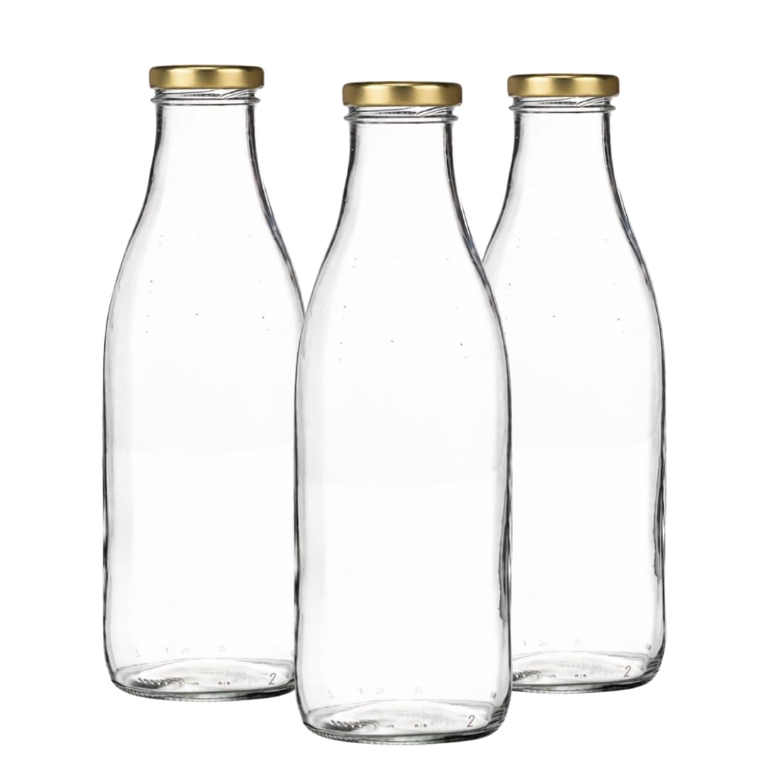 Jars And Bottles Clear 1000Ml Glass Milk Bottles With Gold Caps | Juice & Beverage Bottle | Reto Milk Bottle For Weddings | J&B (12)