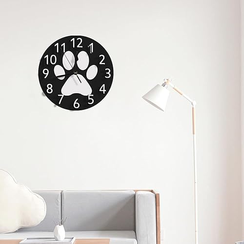 Miniatura 4 de Reloj de pared silencioso sin tictac con estampado de pata de perro blanco, silencioso, redondo, negro, decorativo, para cocina, sala de estar,
