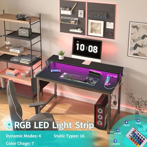 Lufeiya Small Desk with Power Outlets and LED Lights, 32 Inch Teen Writing Study Table Home Office Computer Desks with Monitor Stand, Gaming Desk with Charging Station, Black - Thumbnail 4