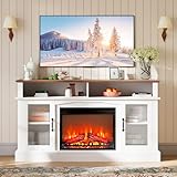 GRUSIGN Modern 58' White Fireplace TV Stand, Open Shelves and 2 Door Storage Cabinet, TV Consoles for Living Room