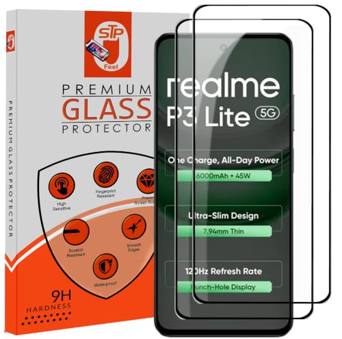 Image of STP FEEL Premium HD+ Tempered Glass Screen Protector Guard Compatible For Realme P3 Lite 5G (6.67 Inch, Pack of 2) | Edge to Edge Coverage With Easy to installation kit for Smartphone