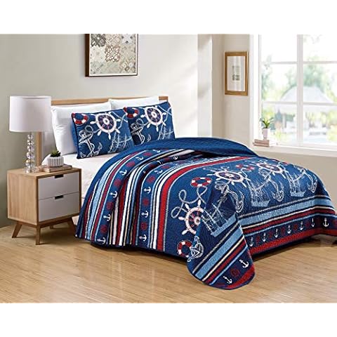 Better Home Style 3 Piece Light & Dark Blue White Red Striped Nautical Ships Helms Anchors Sailor Printed Design Quilt Coverlet Bedspread Oversized Bed Cover Set # 10586 (King/Cal-King) Cover