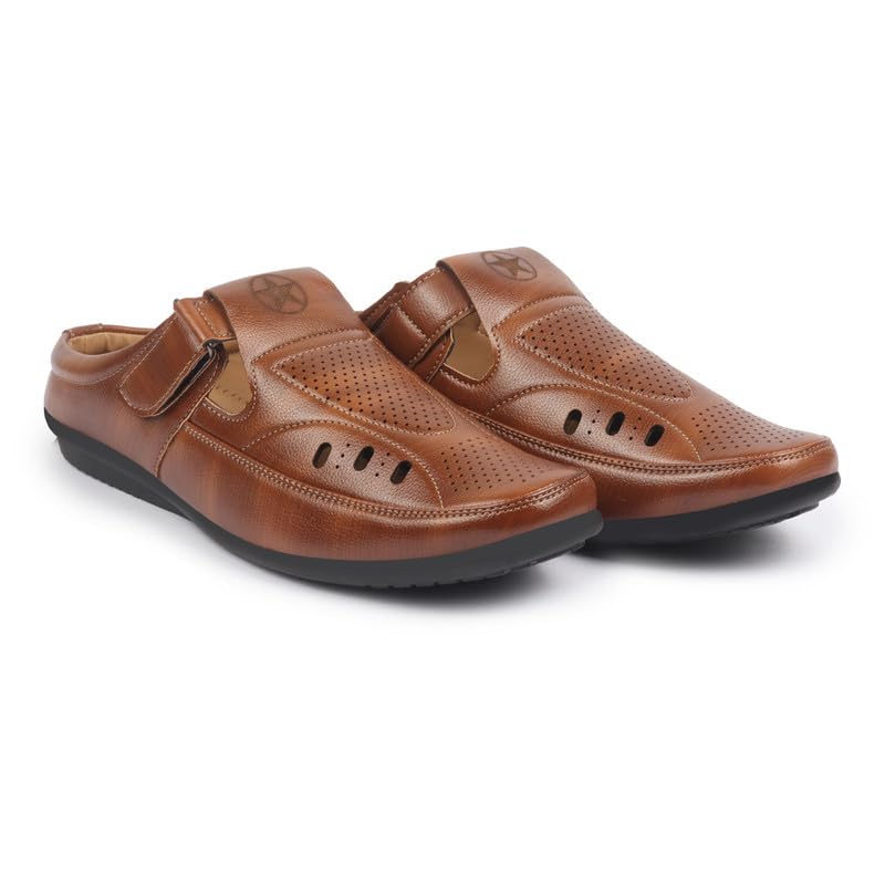 Image of FAUSTO Men's Back Open Perforated Breathable Casual Sandal With Cushioned Footbed|Adujstable Strap Stitched Slip On Sandal For Work|Evening