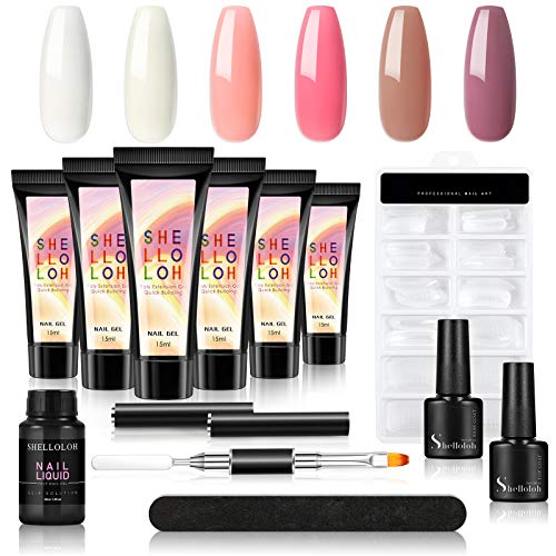 Poly Extension Gel Nail Kit 6 Colors Builder Gel Enhancement Set with Nail Dual Forms Slip Solution Top and Base Coat Manicure Nail Art French Kit Starter Kit