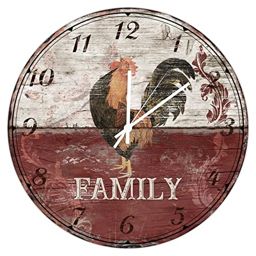 Higoss Reloj de pared familiar de gallo retro, silencioso que no hace tictac, funciona con pilas, moderno reloj redondo de jardín para cocina, oficina, escuela, decoración del hogar, 10 pulgadas Cover