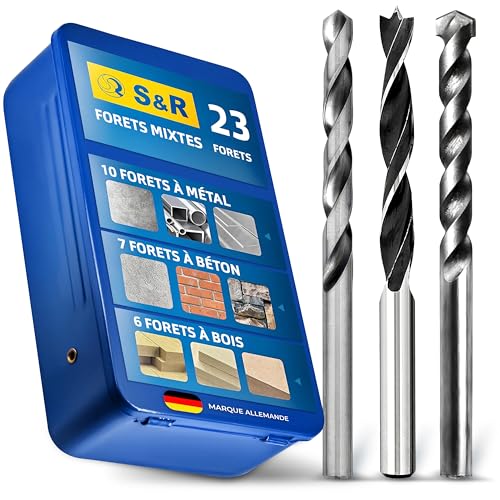 S&R Coffret de Forets Multifonction 23 pcs - Forets Métaux Fer/Forets Béton Brique Pierre/Forets Bois. Boite en Métal