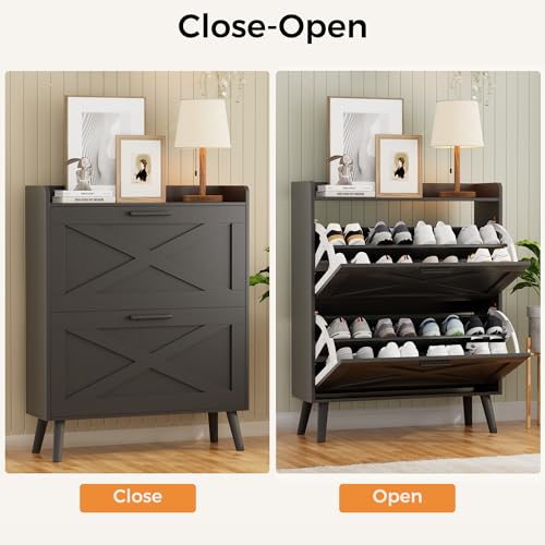Image of Homleke Farmhouse Shoe Storage Cabinet with Flip Drawers & Barn Door Design | Slim Narrow Shoe Rack Cabinet with Adjustable Shelves & Hidden Storage for Entryway, Foyer, Hallway, Living Room, Black