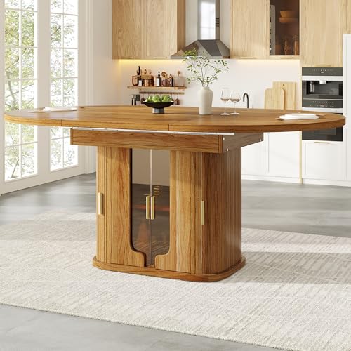 Yihomfy Table à Manger Extensible 118-158 cm - Ronde Devient Ovale, Portes en Verre, Rangements Intégrés, Jusqu’à 6 Personnes - pour Cuisine ou Salle à Manger