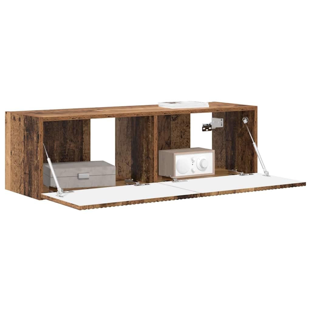 Szafka ścienna z drewna odpadowego 98 x 31 x 29,5 cm z drzwiami wahadłowymi 90° i 2 regałami montowanymi na ścianie, nowoczesna szafka pod telewizor z miejscem do przechowywania