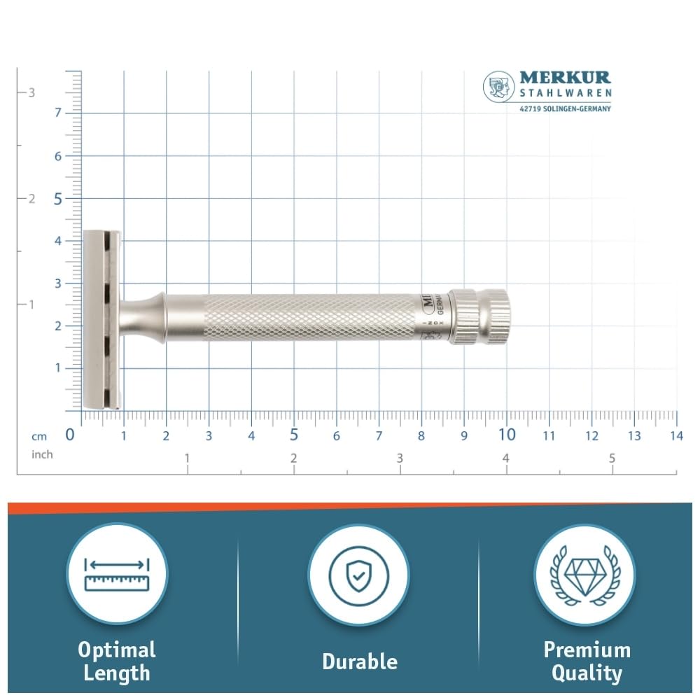 MERKUR 34 INOX XL - Rasoio di sicurezza da uomo a doppia lama in acciaio inox satinato con manico lungo e pettine chiuso, prodotto in Germania, senza plastica