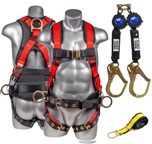Palmer Safety Twin 6' KIT I 5pt Hammerhead Harness, Twin Self Retracting Lifeline, 4' Cross Arm Strap I OSHA/ANSI Fall Arrest Kit (Red - XLG), X-Large