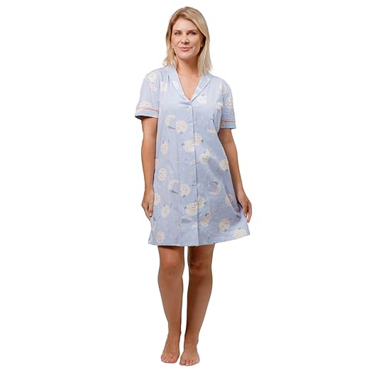 Camisola Algodão Feminina Americana Manga Curta com Botão Botões Inverno Adulto indicado Gestante Amamentação e Pós cirúgico – Lua Azul