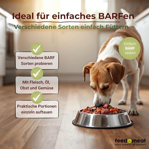 feed&meat Barf Fertigmenüs - 3 Wochenpaket inklusive Obst, Gemüse und Ölen - 21 x 500g Komplettmixe und 1x Brustbeinknochen regional und frisch