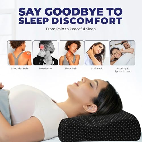 Image of WELLGIVER Cervical Gel Memory Foam Pillow for Neck Pain Relief - Ergonomic Orthopedic Pillow for Sleeping, Contoured Support for Side, Back & Stomach Sleepers | Black | Pack of 1| 19 x 11 x 3.5 Inch