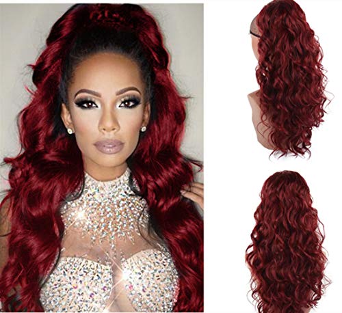 CINHOO 24 Inch Long Body Wavy Drawstring Ponytail Clip in Red Ponytail Extension Synthetic Curly Wavy Pony Tail Hairpiece for Women Thanksgiving Gift (24inch, wine red)