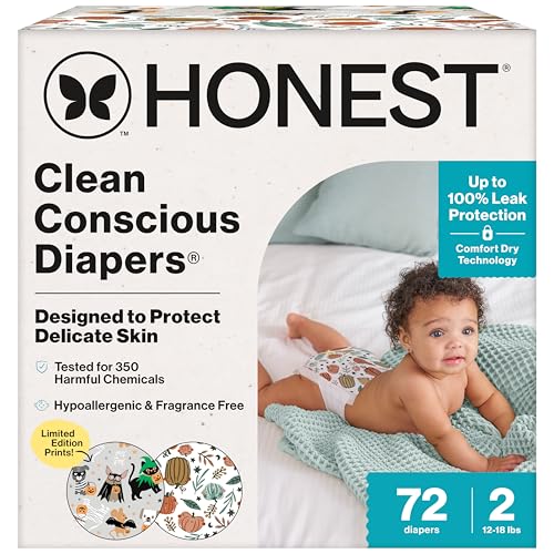 Image of The Honest Company Comfort Dry Disposable Diapers for Sensitive Skin, Hypoallergenic, Fragrance-Free, Fall '25 Seasonal Prints, Club Box, Size 2 (12-18 lbs) 72 Count