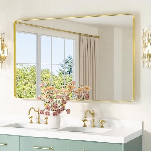 Image of TETOTE Gold Framed Mirror 48 x 30 Vanity Mirrors for Wall Decor Brushed Gold Bathroom Mirrors, Tempered Glass, Modern Farmhouse Wall Mounted Mirror for Decorative(Horizontal /Vertical)